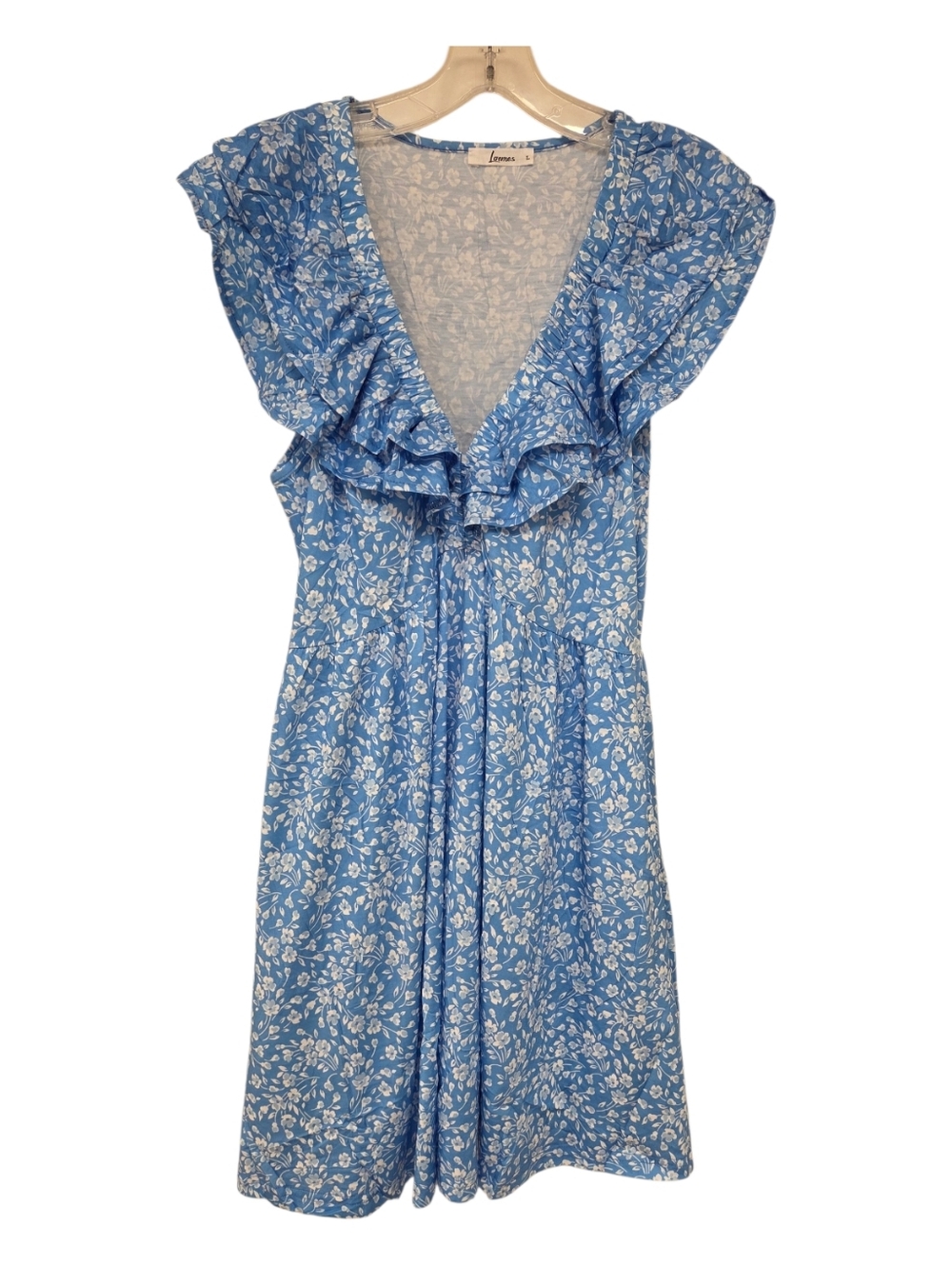 Loemes Blue Floral Ruffle V-Neck Sundress Dress, Large